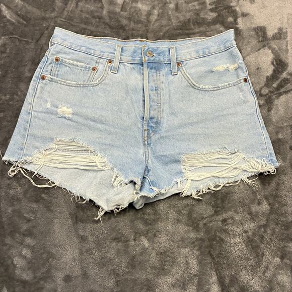 Levi's 501 Jean Shorts Womens Sz.30 Blue Daisy Duke Button Fly Distressed Denim - Picture 1 of 9
